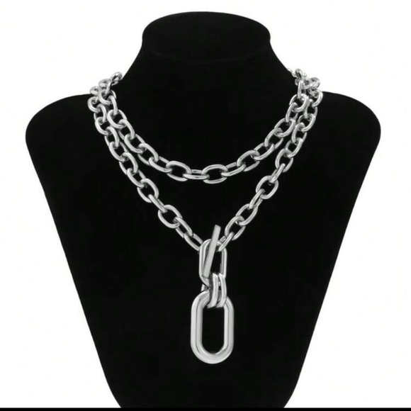 Silver 2pc Chain Toggle Pendant Necklace Set Layered Chunky Link Necklace - Picture 2 of 3